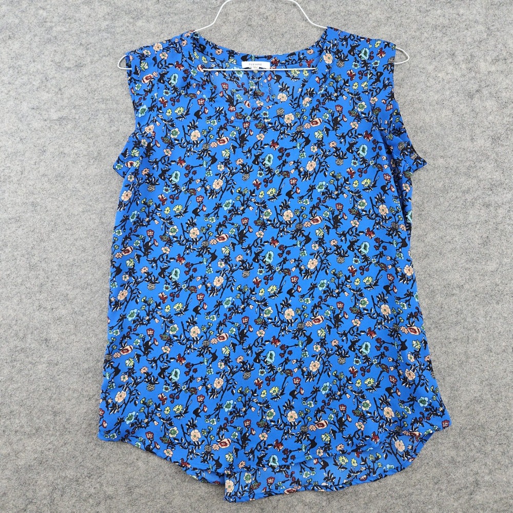 Pleione Floral Blouse Women's Size Small Blue Sleeveless Split Neck Church Work